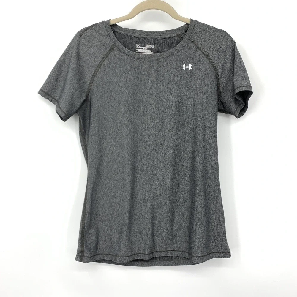 Under Armour‎ Women Medium Shirt Top Short Sleeve Heat Gear Fitted Gray Athletic
